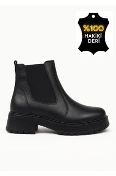 Kadın Hakiki Gerçek Deri Lastikli Kısa Siyah Bot