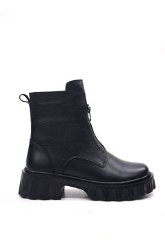Kadın Hakiki Gerçek Deri Önden Fermuarlı Siyah Bot