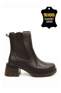 Kadın Hakiki Gerçek Deri Topuklu Lastikli Acı Kahve Bot