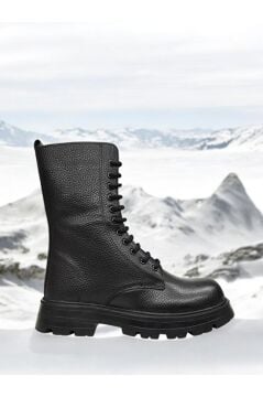 Kadın Hakiki Gerçek Deri Siyah Bağcıklı Uzun Postal Bot